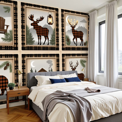 Peel and Stick Wallpaper 96" W x 69" H Modern Self Adhesive Wall Mural for Bedroom Rustic Wildlife Decor Moose Deer Bear Cabin Plaid Design