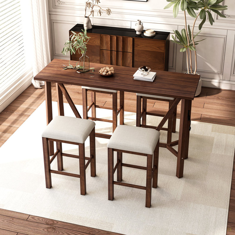 Ensemble de table de salle à manger moderne avec prises de courant, ensemble de table de bar avec tabourets rembourrés, Noyer
