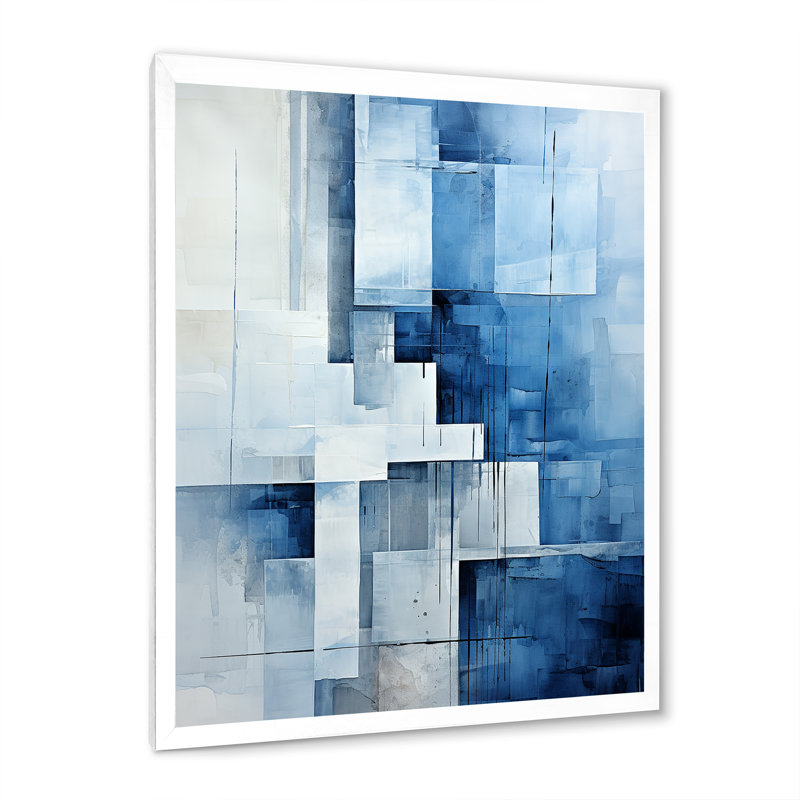 Collage bleu géométrique nautique - art minimaliste côtier, H 40 po x l 30 po x P 1,5 po, Cadre simple blanc