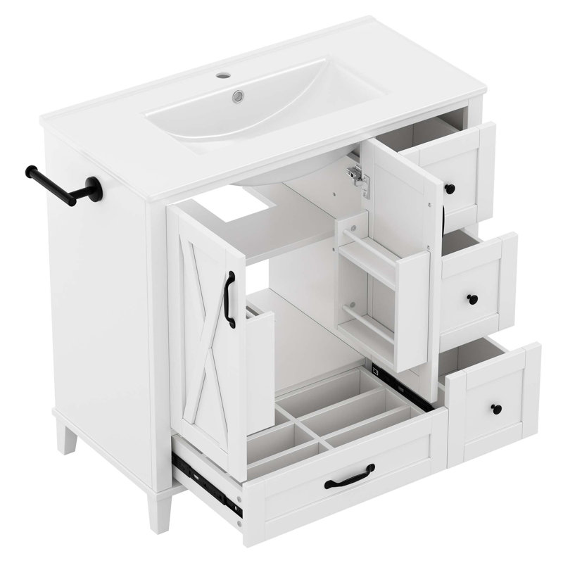 Meuble-lavabo Farmhouse avec lavabo en céramique et tiroirs de rangement, Blanc