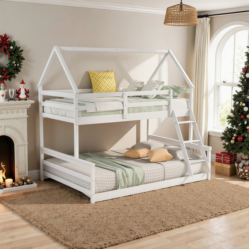 Lit superposé simple au dessus d'une maison double avec design convertible et échelle intégrée, Blanc