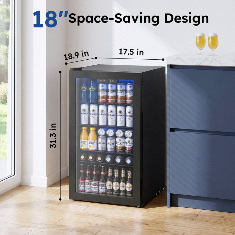 Simzlife 17.3'' W 130 Cans (12oz.) 3.3 Cubic Feet Freestanding Beverage Refrigerator with Glass Door, Black