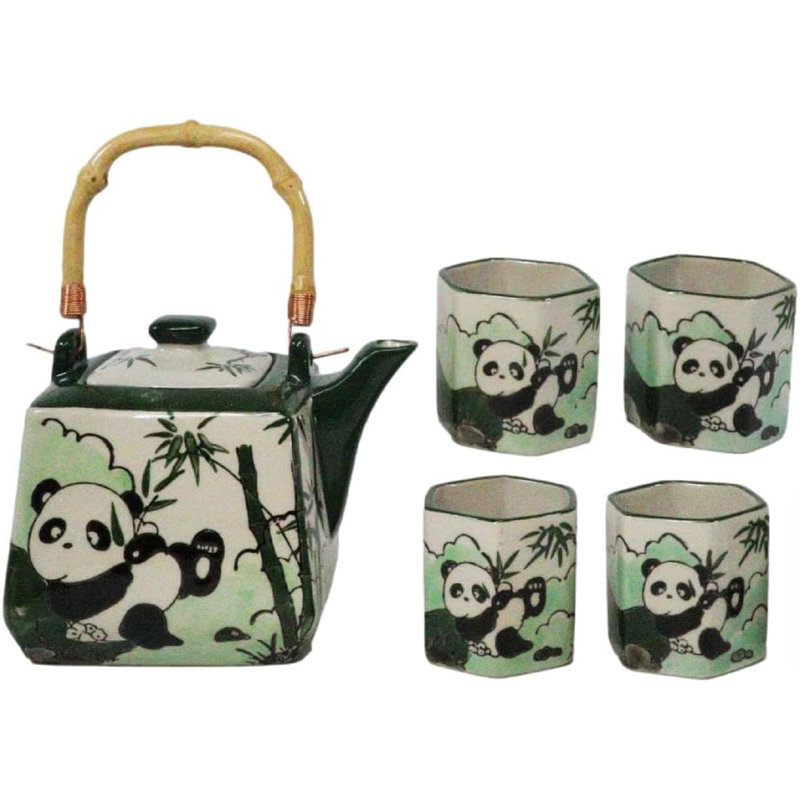 Ensemble de théière hexagonale en céramique Green Bamboo Lucky Panda avec 4 tasses à thé