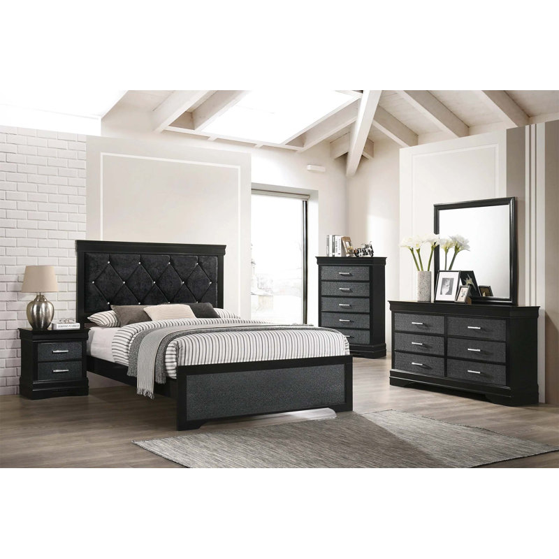 Lit pour jeunes avec panneau et texture crocodile pour un repos confortable et élégant, Noir, Grand