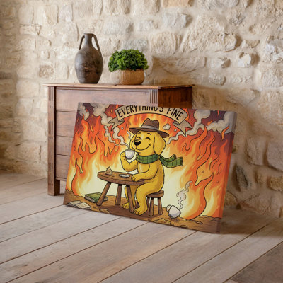 Toile, scène fantaisiste de dessin animé mettant en vedette un chien joyeux portant un art mural Chapeau brun assis calmement sur une chaise en bois