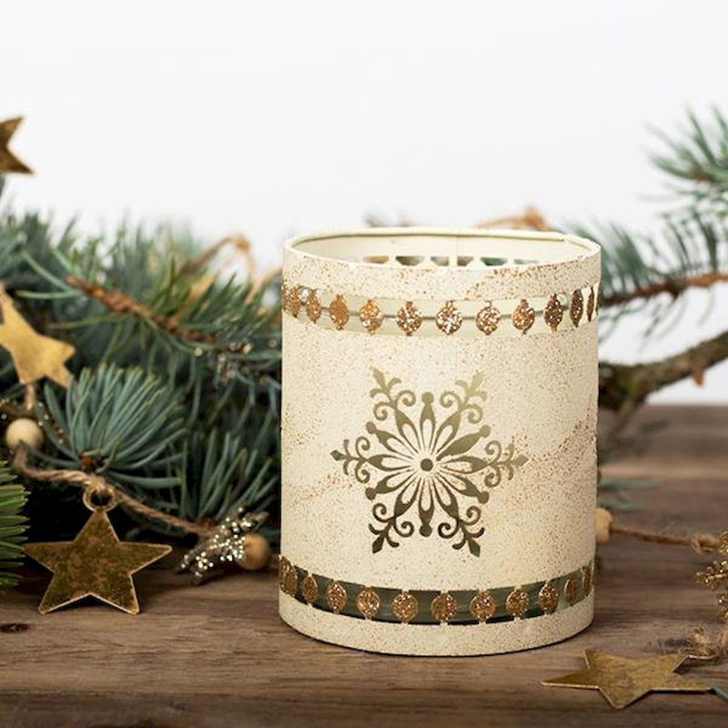 Porte-bougie rond en métal avec motif flocon de neige