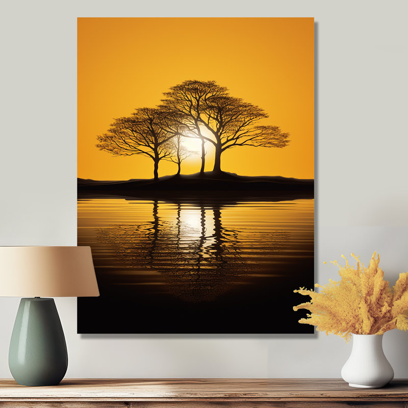 Coucher de soleil jaune à travers des silhouettes d'arbre noir - Art mural chêne, Métal métal, 32" H x 16" W x 1" D