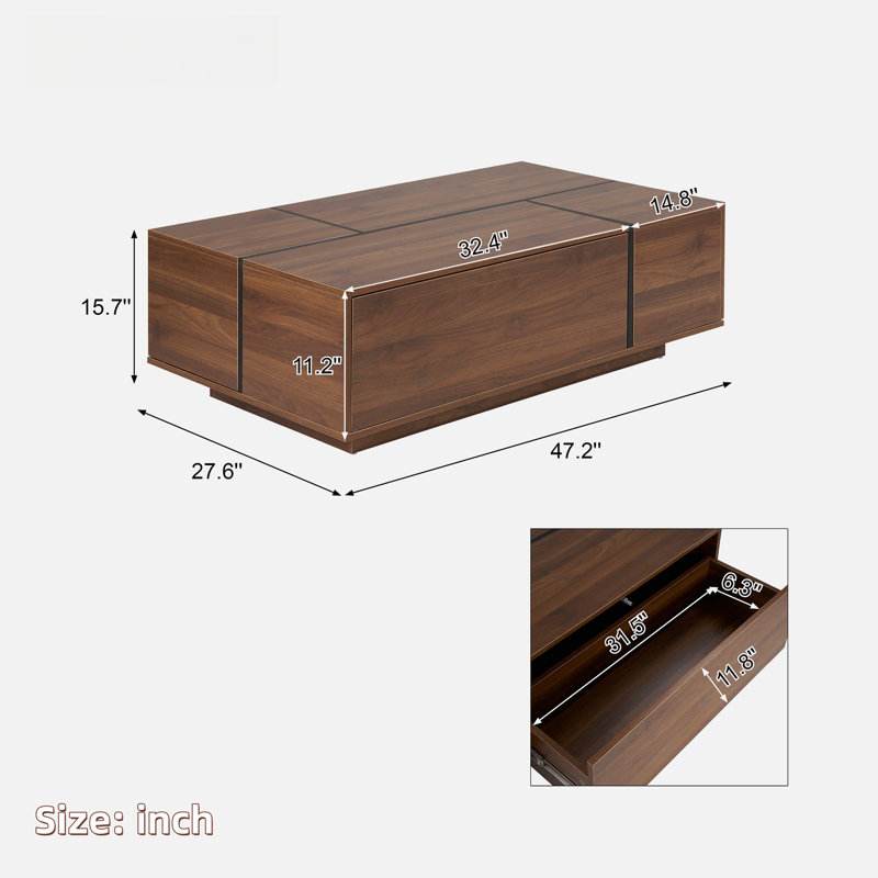 Rectangular Sliding Top Coffee Table With 2 Drawers And 2 Hidden Storage Compartments
