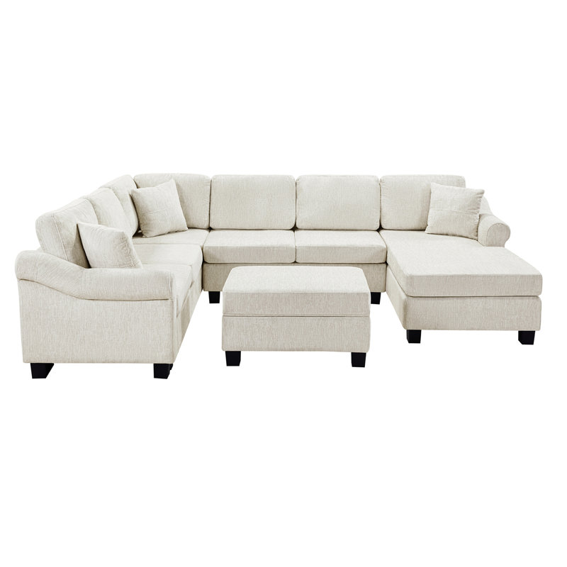 Canapé modulaire en chenille blanc en U de 111,8 po Living avec rangement mobile, 6 sièges, accoudoirs roulés et siège rembourré en mousse