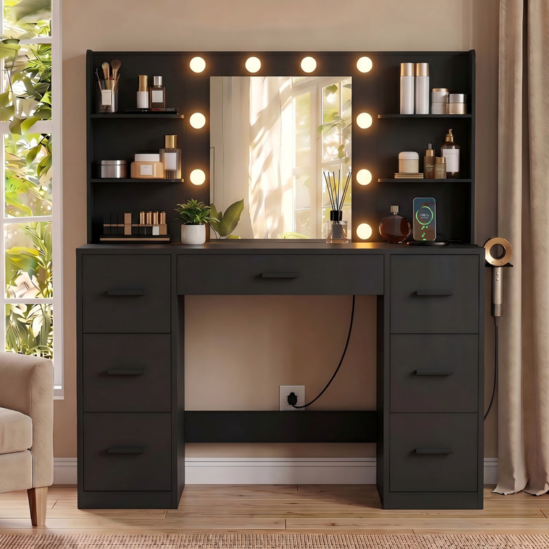 Makeup Vanity With 20W Fast Charging Type-C Outlet And 3 Modes Adjustable Brightness Light, Black