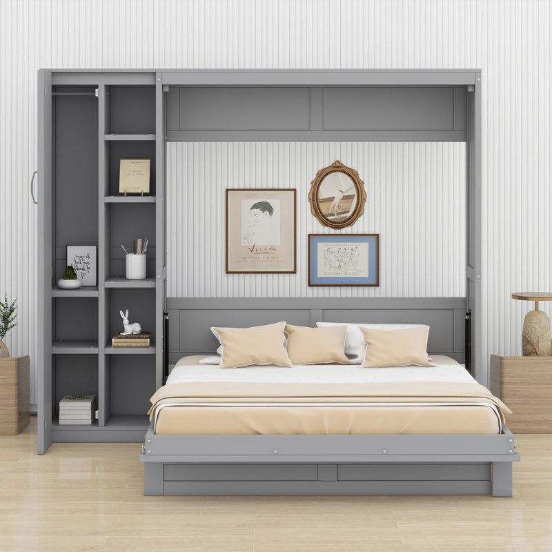 Lit escamotable mural Murphy avec tablettes, garde-robe et lumières DEL, Gris