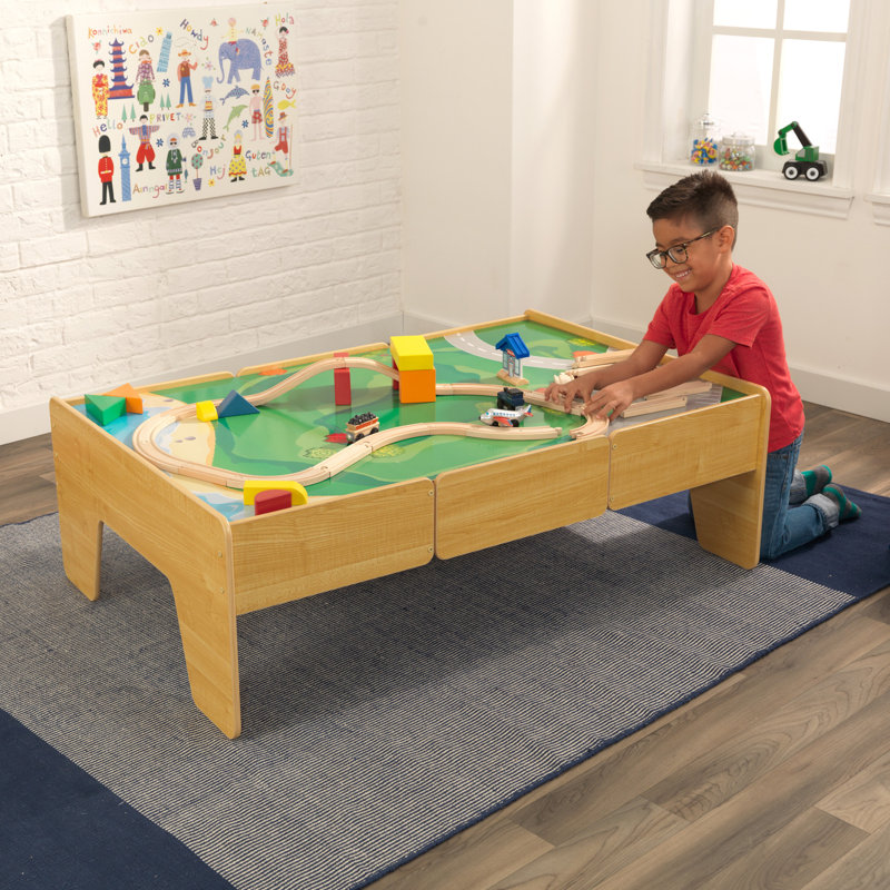Double-Sided Wood Train and Activity Table with Built-In Storage Drawer, Natural