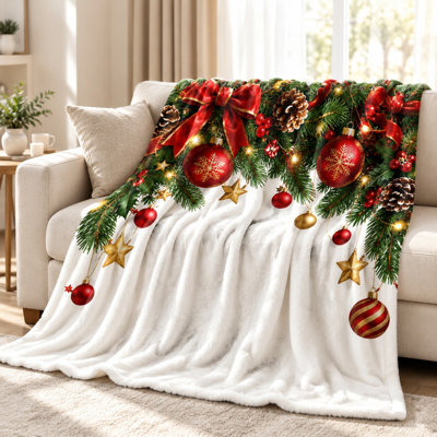 Plaid de Noël avec décorations et pommes de pin, couverture polaire douillette et festive pour canapé, fauteuil, chambre, salon, décoration intérieure