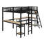 Lit mezzanine d'angle peu encombrant avec DEL ambiantes, tablettes organisationnelles, ports de chargement pour appareils et bureaux attachés