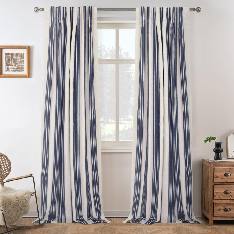 Chris Vertical Striped Linen Blend Lined Thermal Insulated Blackout Rod Pocket Back Tab Curtains, 52" W x 108" L, Dark Blue
