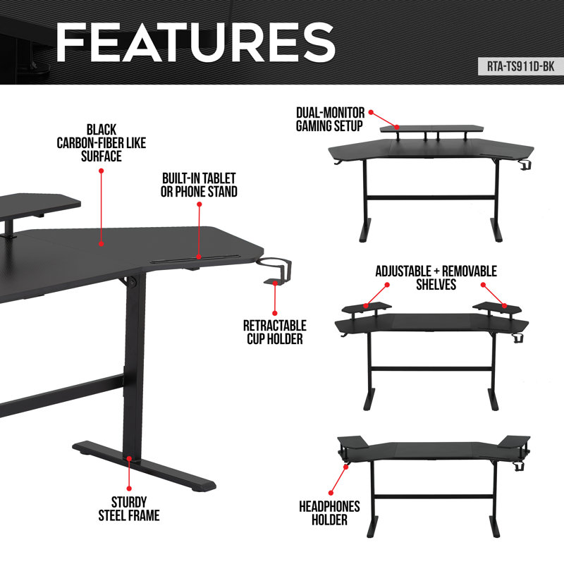 Inbox Zero TS911D Gaming Desk with Shelves & Accessory Holder, Black