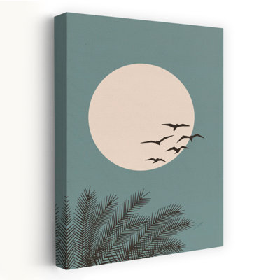 Sérénité, vol tropical, minimaliste, paisible, oiseau, paume, plage, art mural