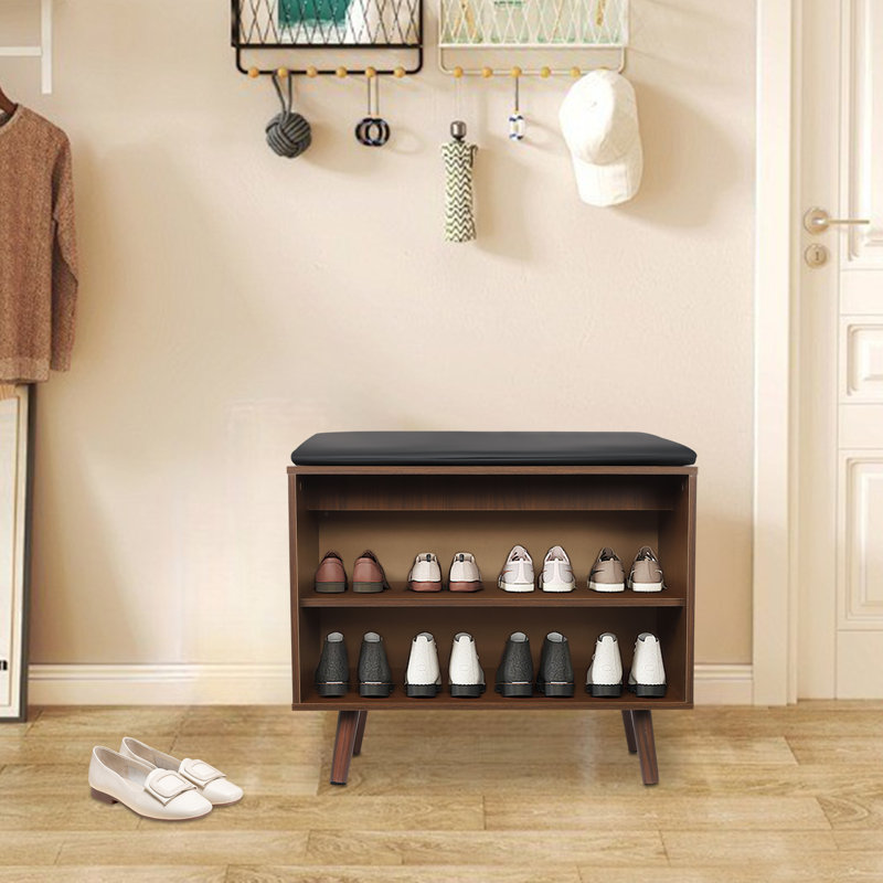 2-Tier Shoe Storage Bench With Cushion, Brown/Dark Gray
