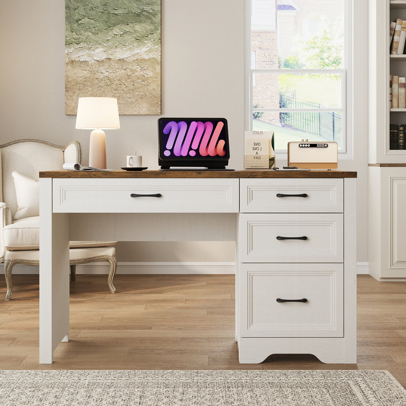 Executive Desk With Storage And Ample File Drawer, Brown/White