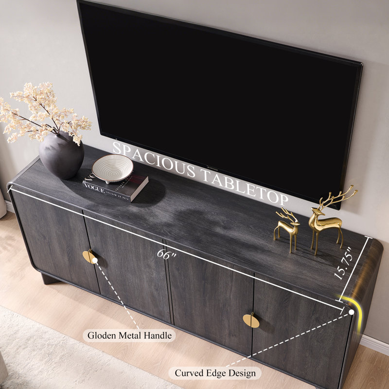 Modern Curved Sideboard, 70" Large Sideboard Storage Cabinet with 4-Door Cabinetry and Adjustable Shelves, Gray