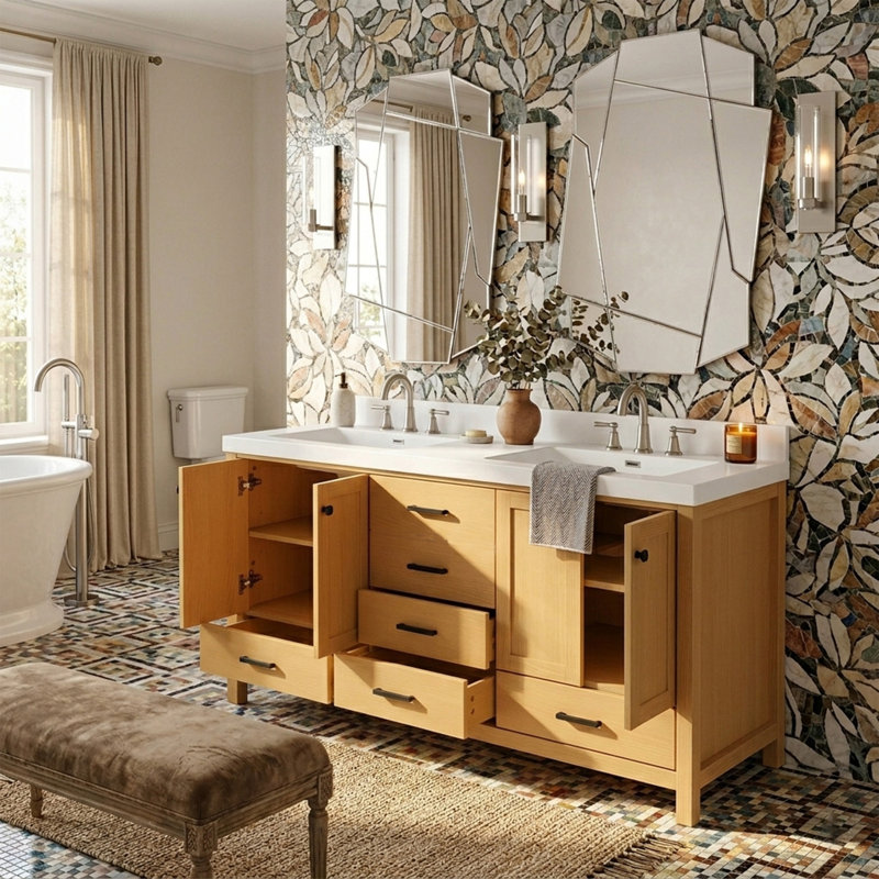 Meuble-lavabo 59,3 po avec cadre en bois massif et armoire en panneau de fibres à densité moyenne, double lavabo en résine SMC, portes et tiroirs à fermeture en douceur, 4 portes, 5 tiroirs, tablettes réglables, poignées noires