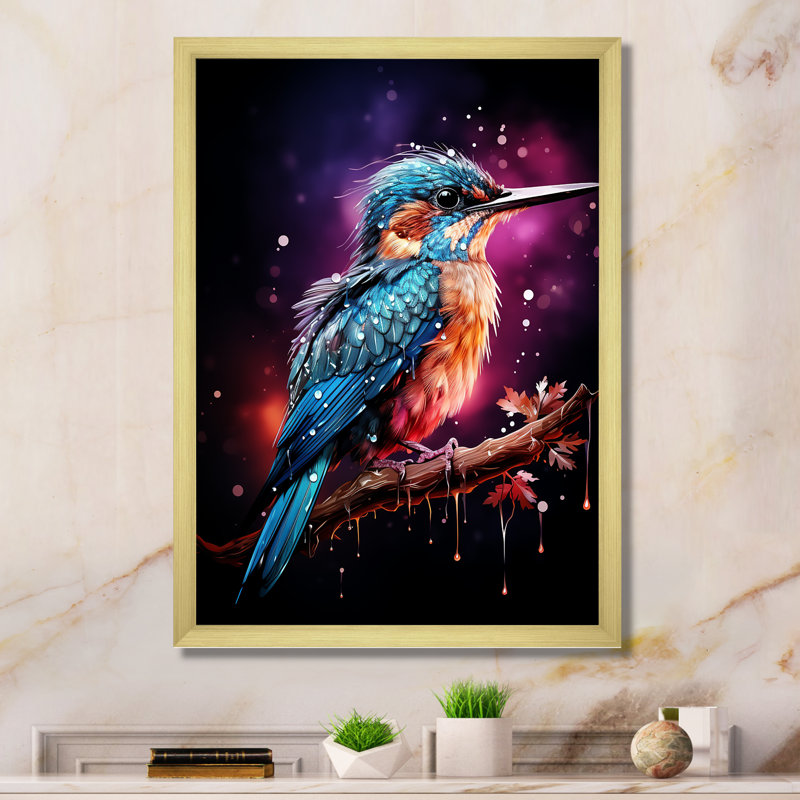 «Blue Humminbird Twilight - Colibri», art mural, Encadrement doré, H 20 po x l 12 po x P 1 po