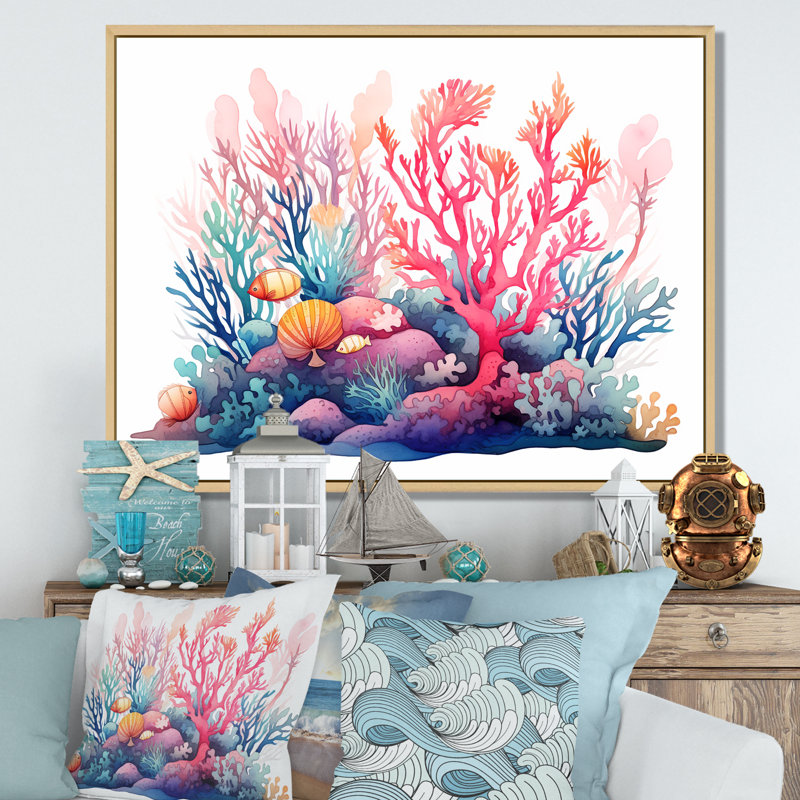 Coastal Coral In Watercolor III - Coastal Coral Under Water, art mural, H 24 po x l 32 po x P 1 po, Cadre flottant brun