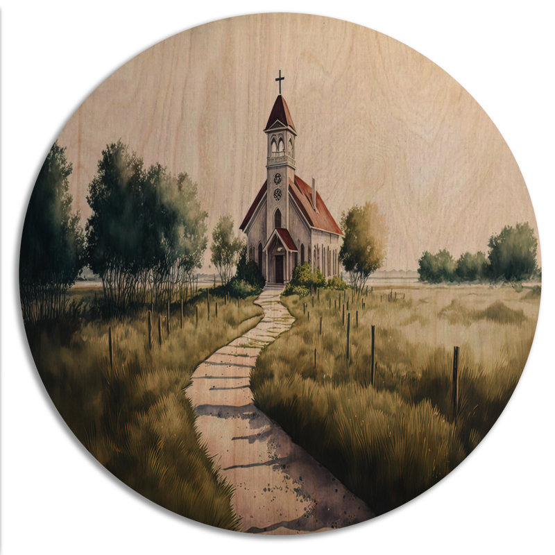 «Winding Path To Church III», décoration murale spirituelle en bois, H 23 po x l 23 po x P 1 po