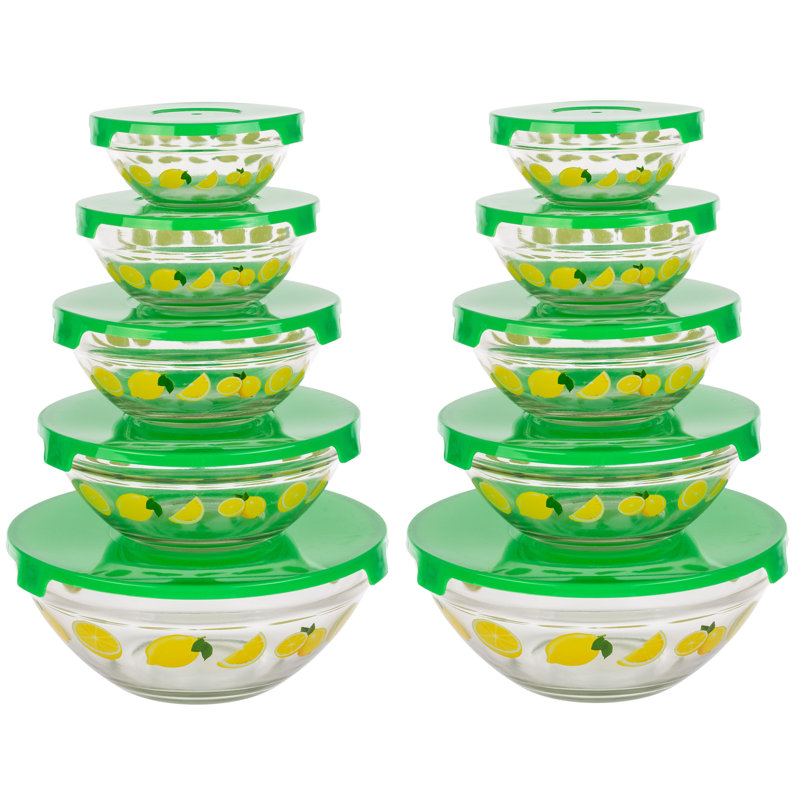20-Piece Lemon Design Glass Bowls with Green Lids Set
