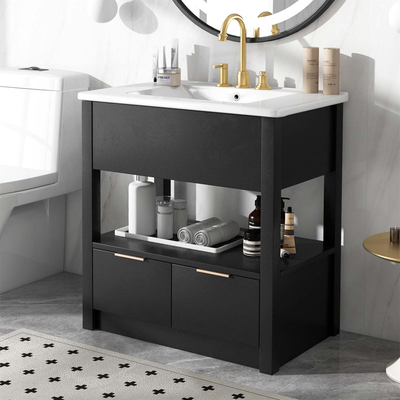 Meuble-lavabo 30 po avec comptoir d'évier, armoire de salle de bain avec tablette de rangement ouverte et deux tiroirs, Doré
