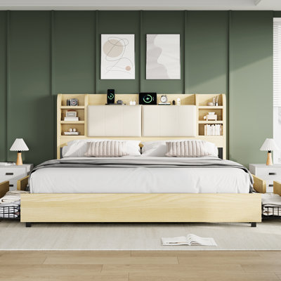 47.2" Bookcase Upholstered King Size Bed Frame with 4 Storage Drawers,White
