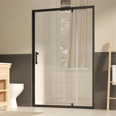 Porte de douche pivotante l 47 à 49 po x H 72 po, porte de douche en verre trempé clair de 1/4 po (6 mm) avec film anti-explosion, revêtement réversible Nano Easy-Clean, noir mat