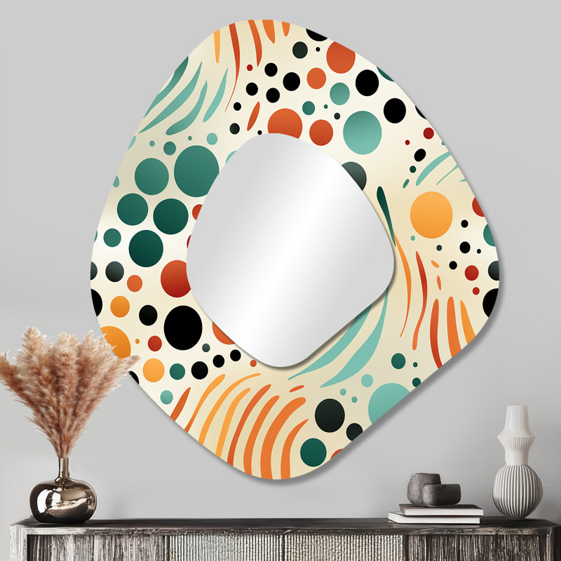 Multicolore motif Mid-Century sur beige - miroir décoratif de forme unique Mid-Century, miroir mural moderne de forme libre, impression d'art en métal