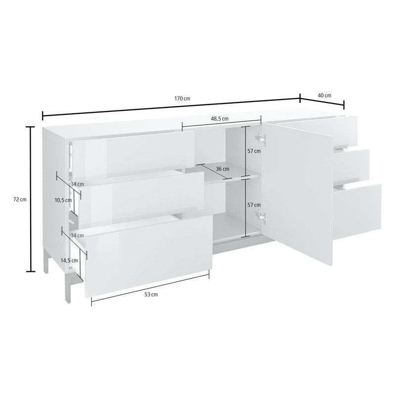 Cadiz 170 Cm Wide 6 Drawer Sideboard, Glossy White