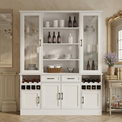 Grand vaisselier blanc 78,7 "avec portes en verre trempé, porte-bouteilles et tiroirs