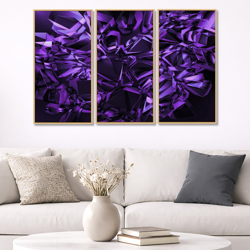 «Purple Crystal Texture Design», ensemble de 3 toiles abstraites encadrées, Cadre érable, H 32 po x l 48 po