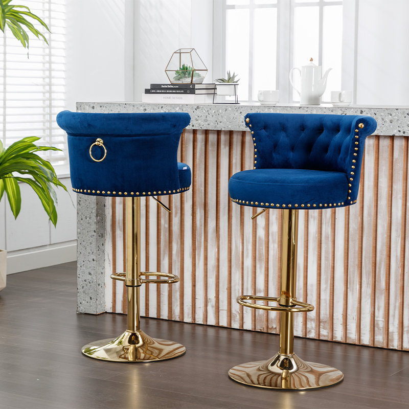 Swivel Upholstered Adjustable Height Counter Stool With Metal Base Set of 2, Blue