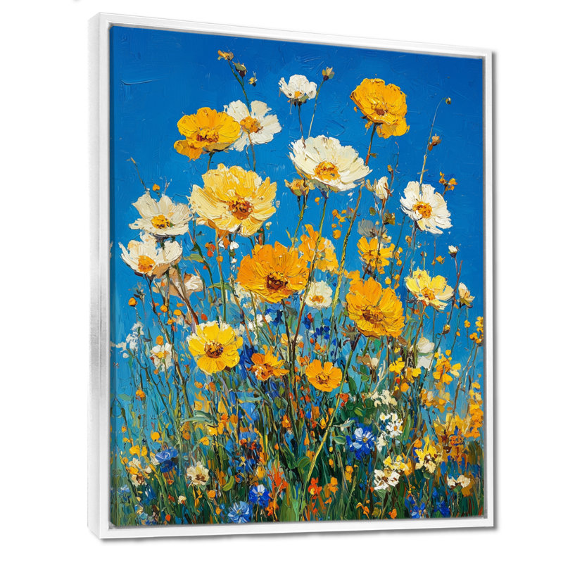 Décoration murale fleurs jaunes «Daylight Joy» - fleurs sauvages, H 32 po x l 16 po, Reproduction avec cadre flottant, Blanc