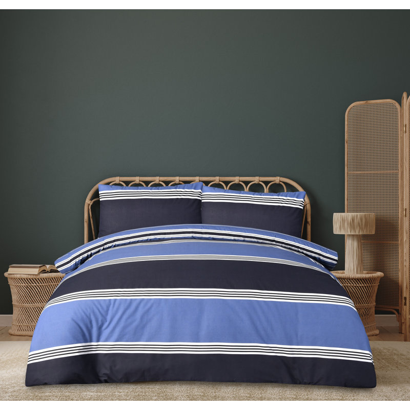 Cotton Blend Bedding, Double Duvet Cover + 2 Pillowcases, Navy Striped