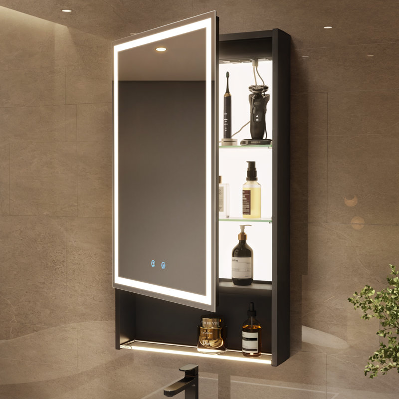 Armoire à pharmacie éclairée 20 "x 34" avec éclairage à 3 températures de couleur antibuée, 2 prises, 2 ports USB et tablette réglable