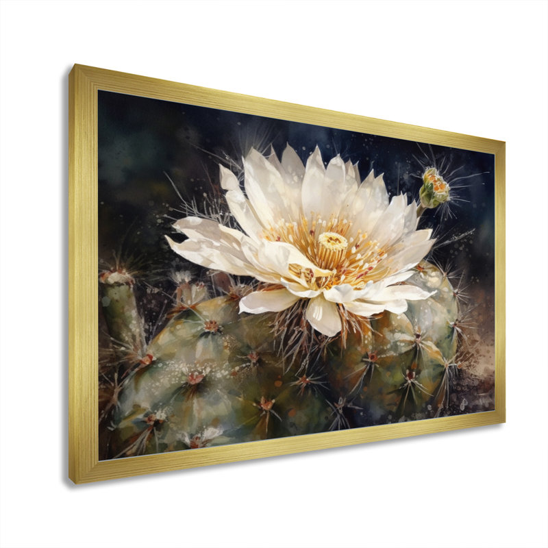 Ryul blanc, vert, fleur de cactus I, H 34 po x l 44 po x P 1,5 po, Encadrement doré