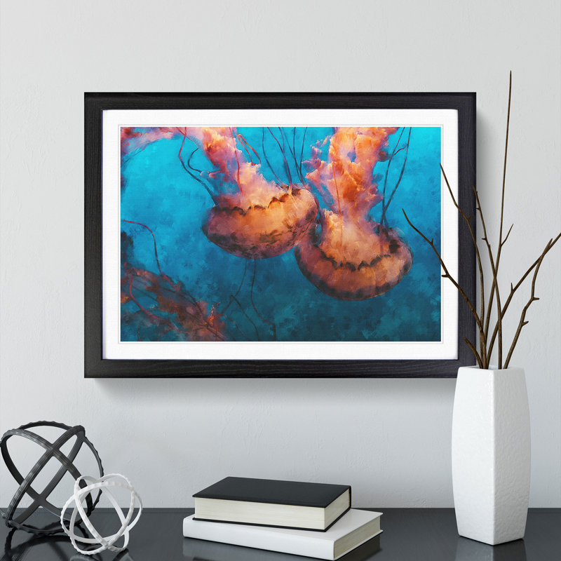 Pink Jellyfish - Picture Frame Painting Print, 62cm H x 87cm W x 2cm D, Black Framed