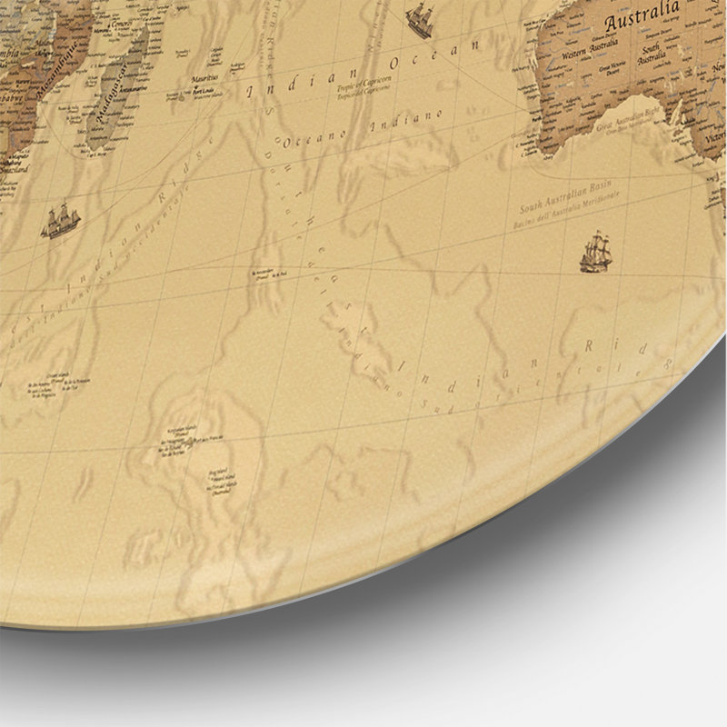 Ancienne carte du monde III - cercle rétro en métal, art mural, H 23 po x l 23 po x P 1 po