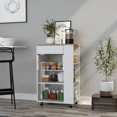 Îlot de cuisine sur roulettes avec tiroir, tablettes de rangement ouvertes et porte-bouteilles latéraux
