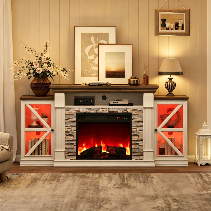 Farmhouse TV Stand for TVs up to 70'' With Electric Fireplace Included, Media Entertainment Center Console Table, Antique White