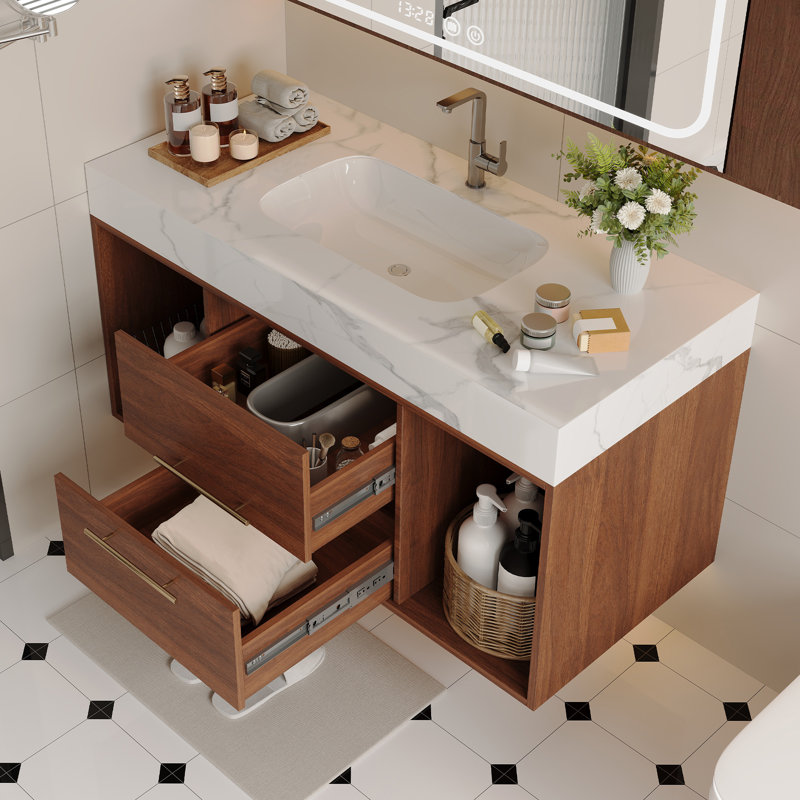 39" Inch Floating Bathroom Vanity With Ceramic Sink, Wall Mounted Bathroom Vanity With Marble Sintered Stone Countertop,2 Drawers &  Open Cabinet,Black