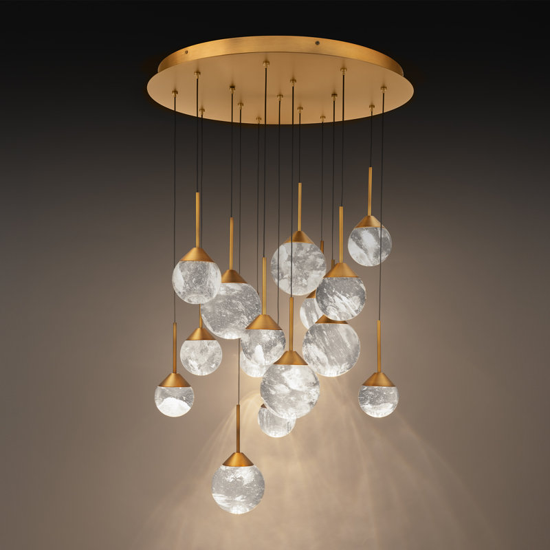 Quest 15 Light Crystal LED Multi-Light Pendant, Aged Brass