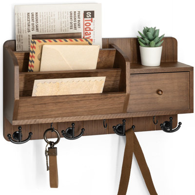 Porte-clés et support de courrier mural - Organisateur de courrier mural avec crochets de rangement et tiroir pour décor de maison de campagne moderne - Organisateur de courrier mural pour les essentiels d'appartements rustiques