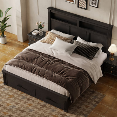 Farmhouse King Size Wood Platform Bed, Storage Headboard and Footboard Bed with Roman Column Accents
