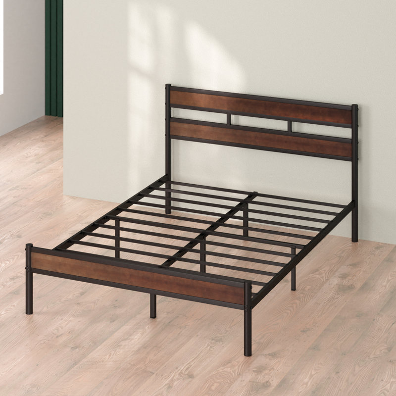 Full Roman Bamboo and Metal Platform Bed Frame with Slatted Headboard